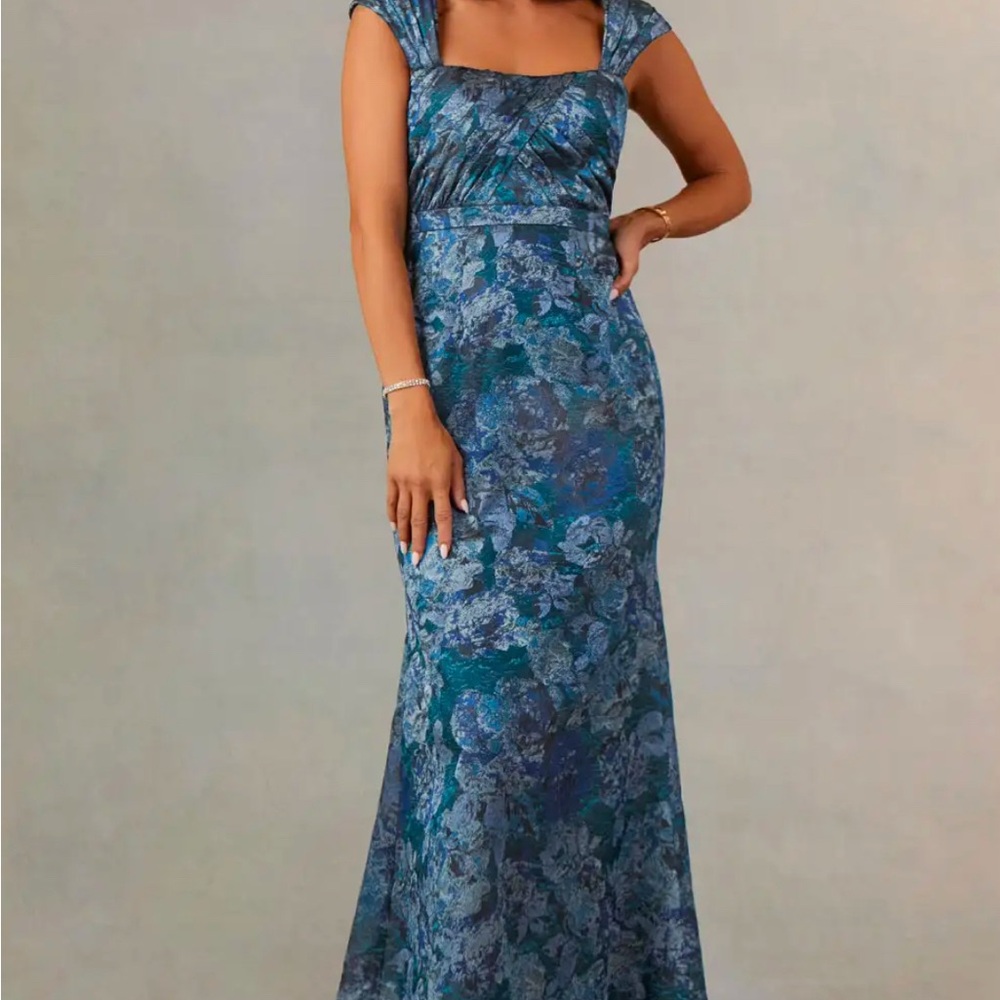 Azazie Teal and Blue Floral Maxi Dress